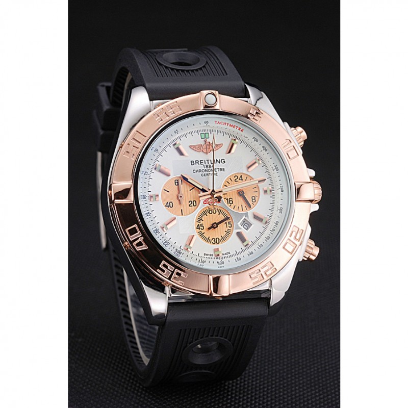 Breitling Chronomat White Dial Rose Gold Bezel And Subdials Stainless Steel Case Black Rubber Strap Replica Watches