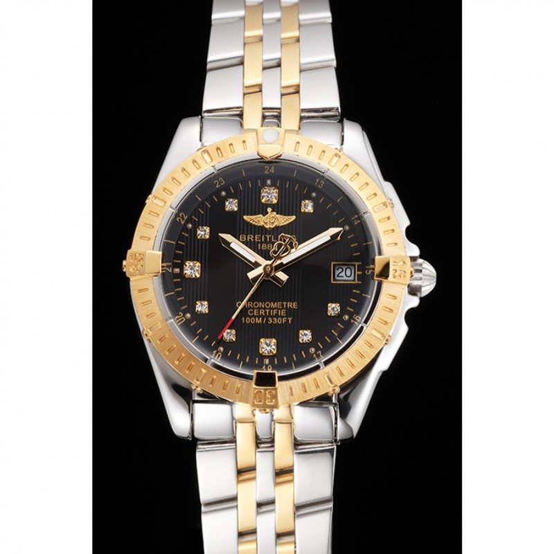 Breitling Colt Lady Black Dial Diamond Hour Marks Gold Bezel Stainless Steel Case Two Tone Bracelet Replica Watches