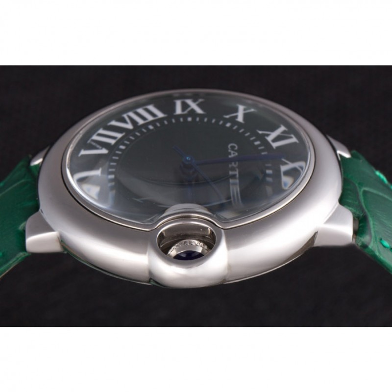 Cartier Ballon Bleu Silver Bezel with Green Dial and Green Leather Band  621553 Replica Watches