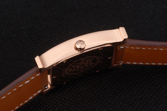 Hermes Heure H Rose Gold Bezel Diamond Encrusted Tan Leather Strap White Dial 80236