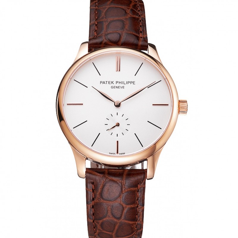 Patek Philippe Calatrava White Dial Rose Gold Case Brown Leather Strap Replica Watches