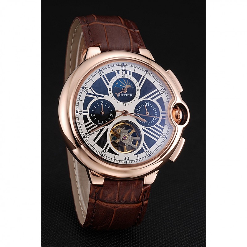 Cartier Ballon Bleu Flying Tourbillon Chronograph White Dial Rose Gold Case Brown Leather Strap Replica Watches