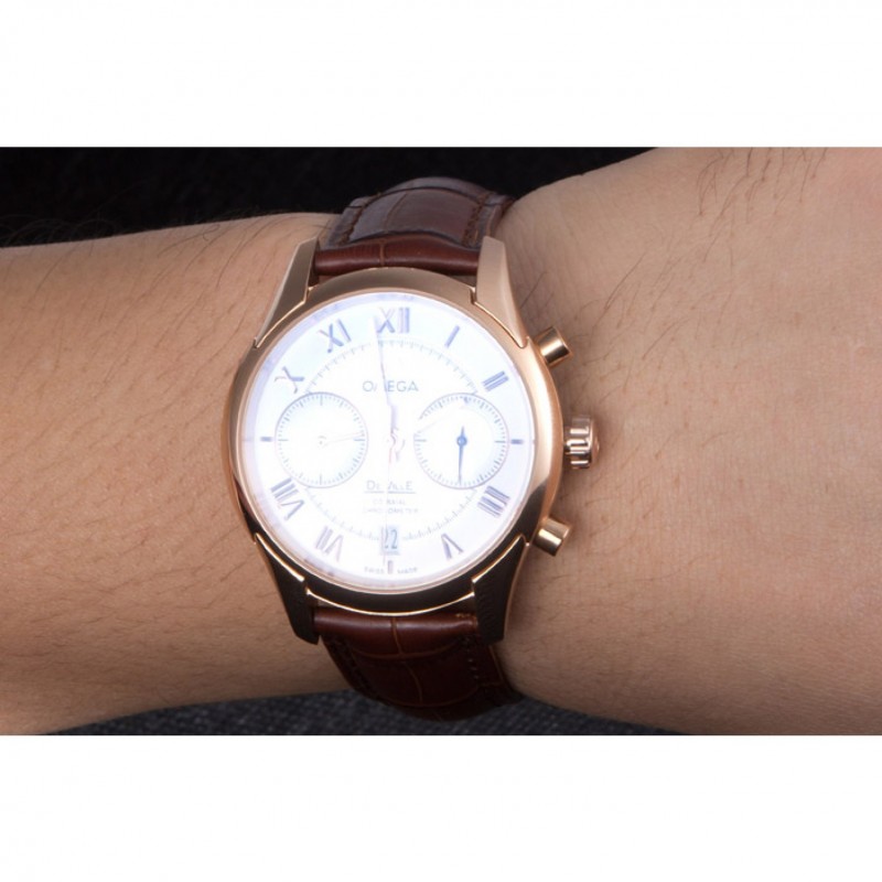 Omega DeVille Rose Gold Bezel with White Dial and Brown Leather Strap 621570 Replica Watches